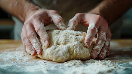 Close-up of hands kneading dough on a floured surface in a kitchen. The artisanal process captures the texture of the dough and hands, emphasizing traditional bread-making techniques. Generative AI