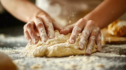 Close-up of hands kneading dough on a floured surface in a kitchen. The artisanal process captures the texture of the dough and hands, emphasizing traditional bread-making techniques. Generative AI