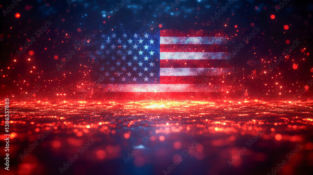 Poster digital glitch art featuring an abstract representation of a flag with a vibrant backdrop