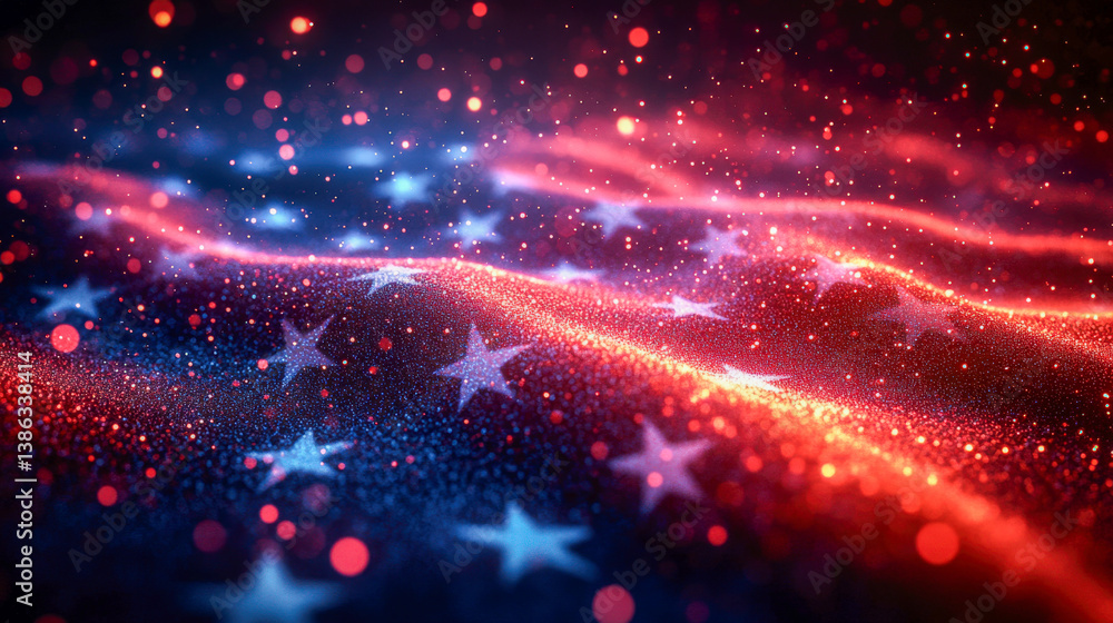 Poster flag dissolving into particles creates an abstract visual representation of national identity and un
