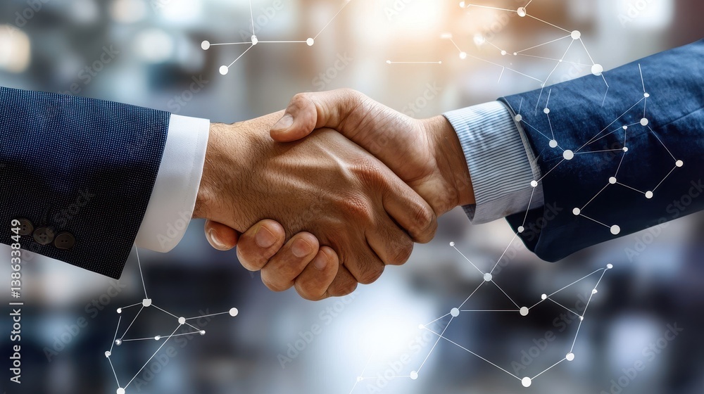 Poster confident executive shaking hands in virtual business environment with digital connections in backgr