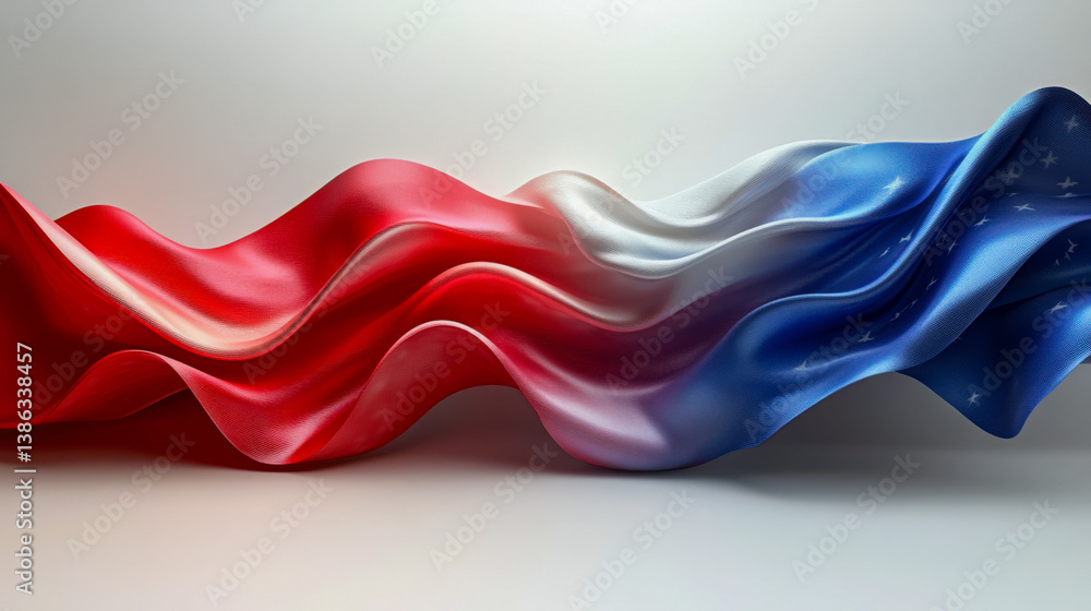 Poster flag draped abstractly in a photorealistic style showcasing movement and color contrasts in red, whi