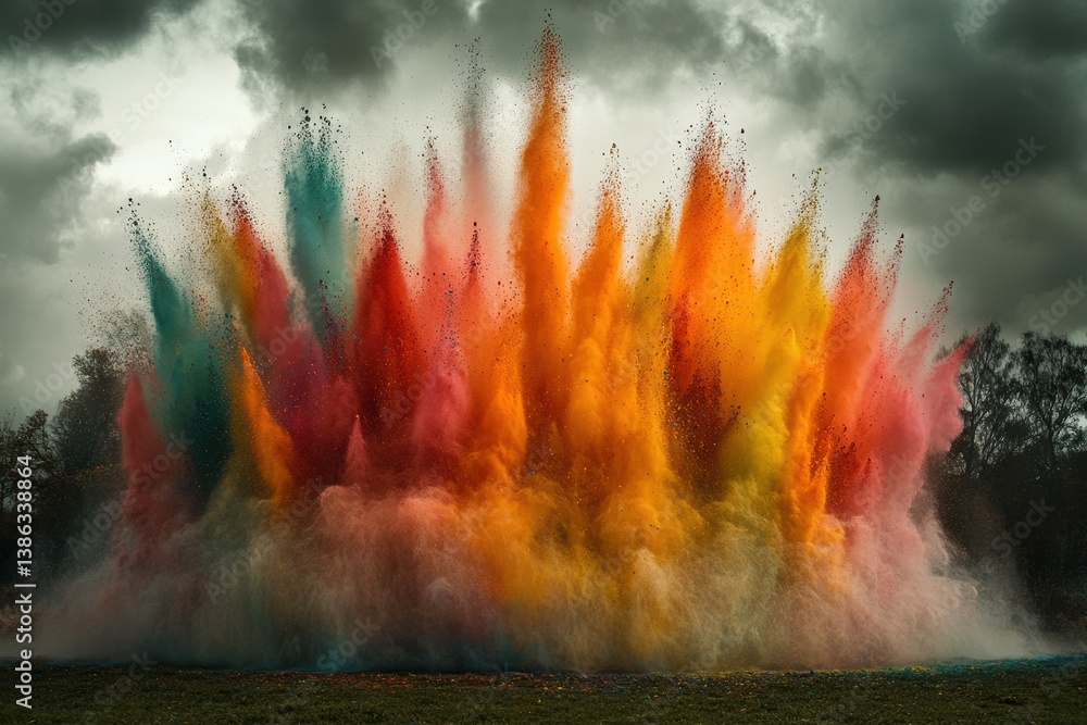 Poster Colorful powder explosion creating a vibrant display in an indoor gallery setting during a bright and lively art event