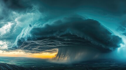 Fototapeta premium Intense thunderstorm over dark, barren landscape with heavy rain bolts of lightning illuminating cloudy sky. The dramatic scene captures raw power and atmosphere of nature in turmoil. Generative AI