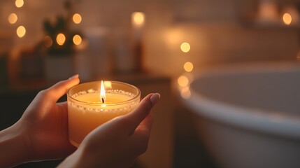 A person holding a candle in a glass container