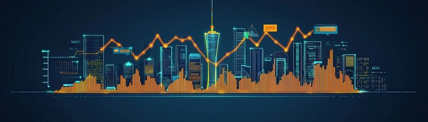 Obraz premium Futuristic City Skyline with Glowing Elements Representing Business Success and Economic Growth in a Modern Urban Environment