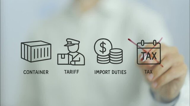 Businesswoman removing tax sign on a transparent screen, symbolizing tax exemption or elimination of tax burdens related to container, tariff, and import duties
