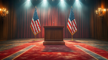 Podium with flags in a formal setting lit by stage lights in an elegant indoor environment