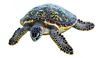 Fototapeta premium Endangered Sea Turtle Swimming in Vibrant Tropical Coral Reef - Marine Wildlife Conservation Close-Up