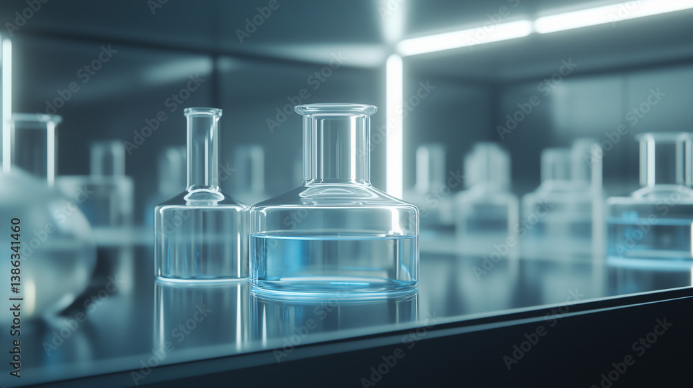 Poster laboratory precision: an array of pristine glass beakers and flasks, each meticulously filled with a