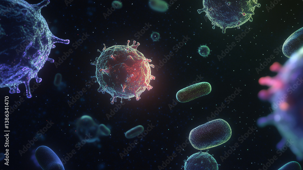 Poster microscopic world of pathogens: an abstract depiction of microscopic pathogens, presenting a detaile