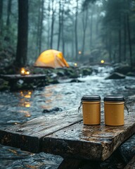 Fototapeta premium Misty Forest Camping Scene with Two Mugs on Wooden Table