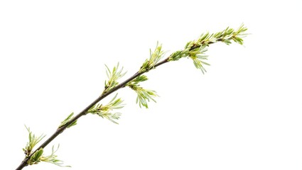 Graceful willow branch with budding clusters  delicate leaves elegantly swaying in the breeze against a white background