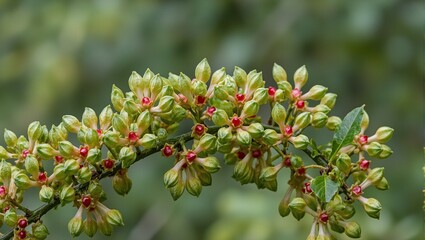 Vibrant pomegranate tree branch with green buds and budding red fruit embodying the anticipation of a fruitful yield