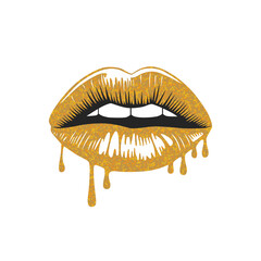 Glossy lips coated in shimmering gold glitter, featuring a captivating dripping effect