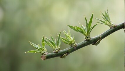Obraz premium Tranquil bamboo branch with delicate green buds representing growth and strength in a peaceful environment