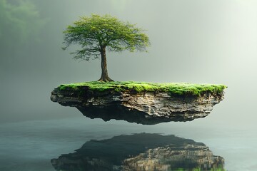 Surreal floating island made of driftwood and moss, suspended above ocean with long shadows and golden ambient light