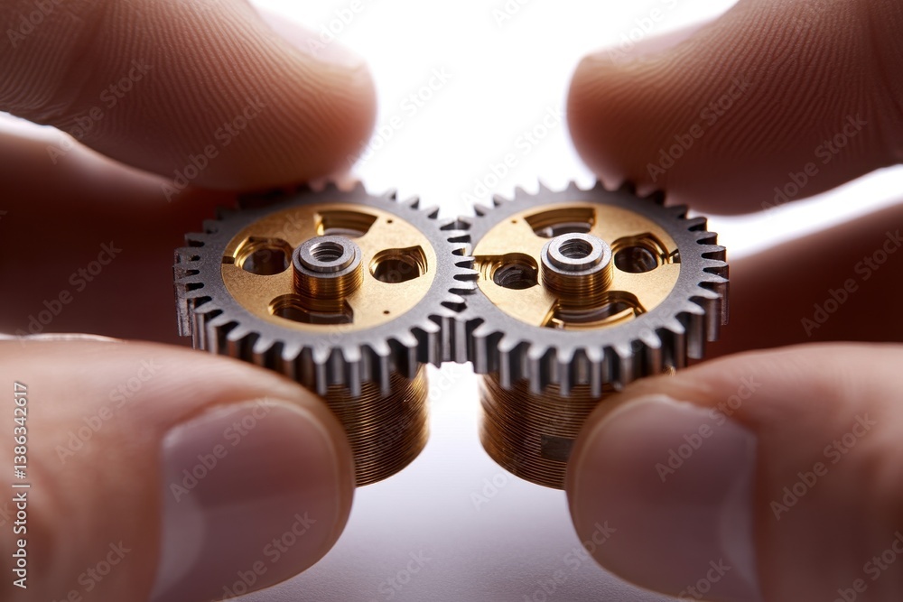 Poster collaboration on intricate mechanical assembly takes place indoors, showcasing precision and focus a
