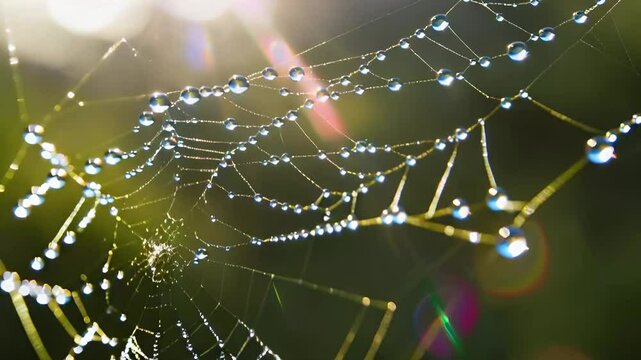 Macro shot of sunlight passing through a drop of water on a spider web, creating a mini rainbow prism effect, Sunlight Through Water Drop on Spider Web Creating Rainbow Prism in Macro Detail