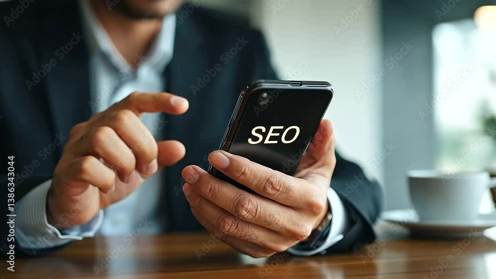 Poster businessman utilizes a smartphone to explore seo optimization tools via a virtual search bar interfa