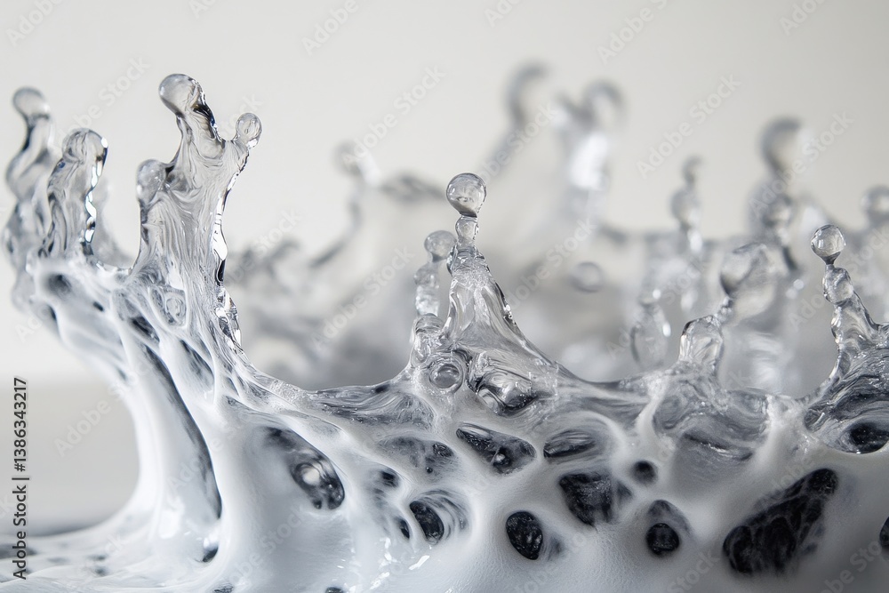 Poster Water droplets create dynamic splashes in a close-up view capturing the beauty of fluid motion with varying shades and textures during daylight