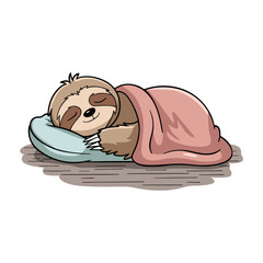 A cute cartoon sloth peacefully sleeping on a blue pillow, wrapped in a cozy pink blanket