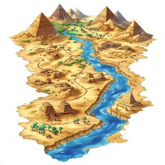Ancient Egyptian Landscape: Iconic Pyramids and River Oasis in Desert Terrain - An Architectural Wonder and Cultural Heritage Depiction