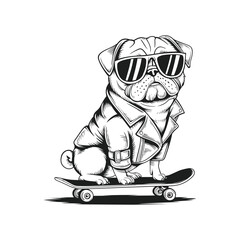 Monochrome artwork featuring a pug dressed in streetwear, confidently positioned on a skateboard