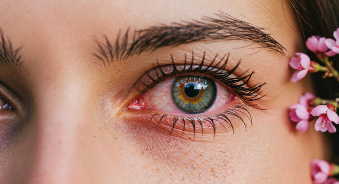 Close-up of a woman's eye with allergic redness.