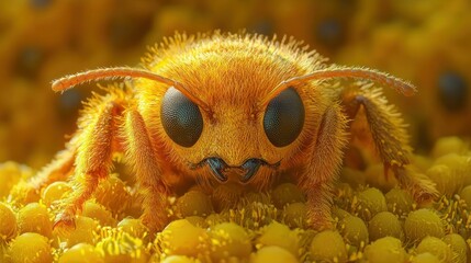 Golden Bee Macro Photography: A Close-Up View of a Fuzzy Bee on Pollen