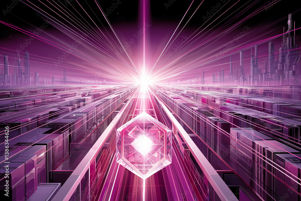 Poster glowing crystal floating above a converging perspective pathway in a futuristic magenta cyberspace c