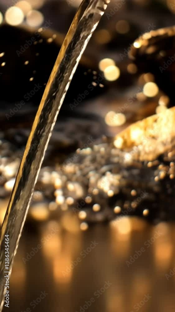 Poster water flows over rocks, creating sparkling droplets in a tranquil natural setting during golden hour