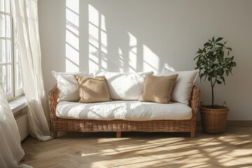 Fototapeta premium Sunlit Wicker Sofa in a Cozy Room