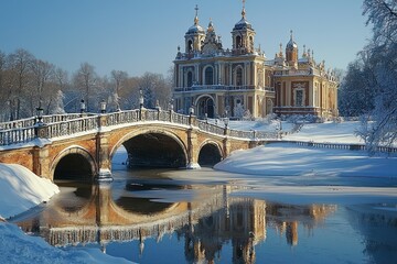 Rundale Palace in Winter Wonderland: A Picturesque Bridge and Frozen Canal Reflecting Baroque Architecture Under a Clear Sky