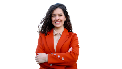 Smiling businesswoman crossing arms on transparent background
