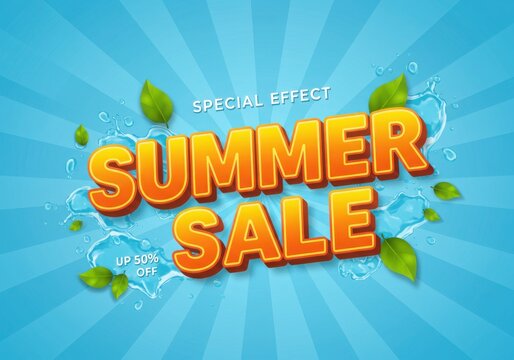 Summer sale text with water splashes and leaves on a bright blue background with rays effect