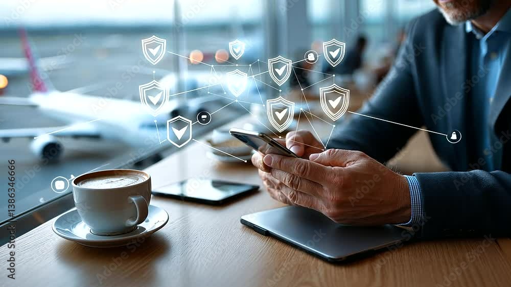 Poster businessman interacts with a virtual shield and checkmark icon, symbolizing cybersecurity and data p