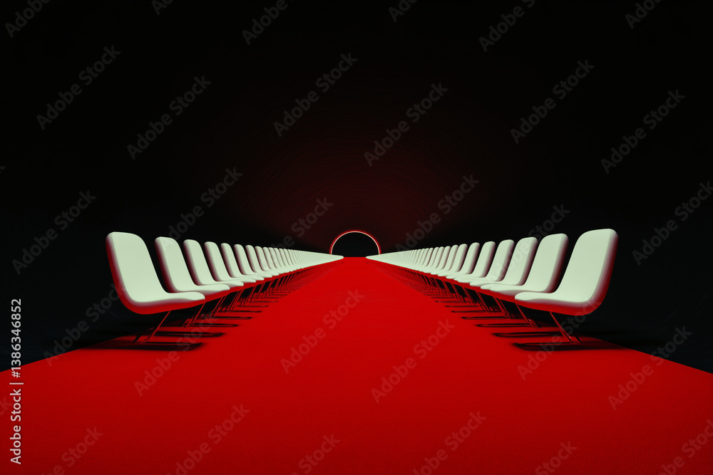Poster waiting area: a captivating minimalist scene with a row of pristine seats along a long red pathway a
