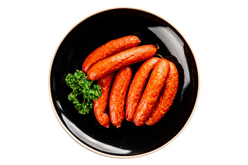 Sausages smoked pork meat beef dish fresh gourmet food background on table rustic food top view copy space