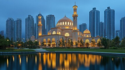 Obraz premium Majestic Mosque at Dusk: A Modern Architectural Marvel