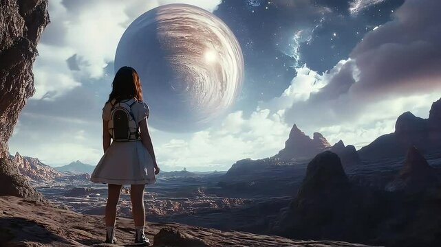 Lone girl standing on alien planet surface gazing at giant planet glowing in sky
