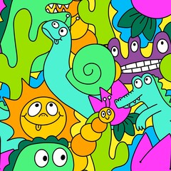 Cartoon doodle animals seamless monsters pattern for kids clothes print and wrapping paper and fabrics