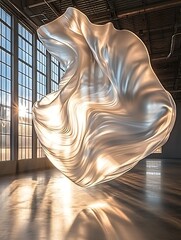 Transparent plastic sheets billowing mid-air inside industrial warehouse, strong side lighting casting dramatic shadows on rough concrete