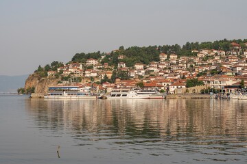 View of Lake Ohrid and Ohrid city. Beautiful landscape. Ohrid, Macedonia, August 11, 2021.