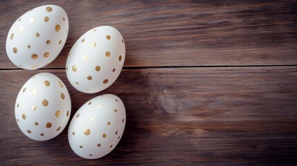 Elegant Minimalist Easter Eggs with Gold Dots on Wooden Surface