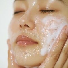 Effective Skincare: Woman Using Gentle Foam Cleanser for a Glowing, Nourished, and Hydrated Skin Routine