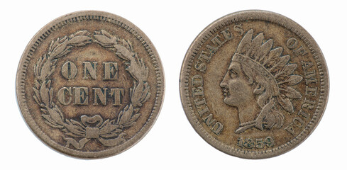 Vintage one cent coin featuring Native American head design from 1859
