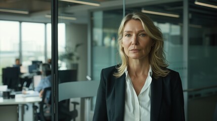 Fototapeta premium Confident middle-aged Caucasian businesswoman standing in modern office with glass walls, wearing formal attire, thoughtful expression, leadership and determination in professional setting