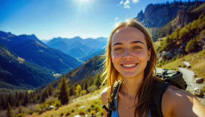 A woman is smiling and taking a selfie in front of a mountain range ,with a stunning sunrise backdrop, exuding happiness and tranquility.