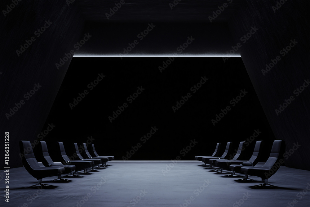 Aufkleber architectural lines:a symmetrical row of minimalist chairs aligned to a bold frame in a stark and mo